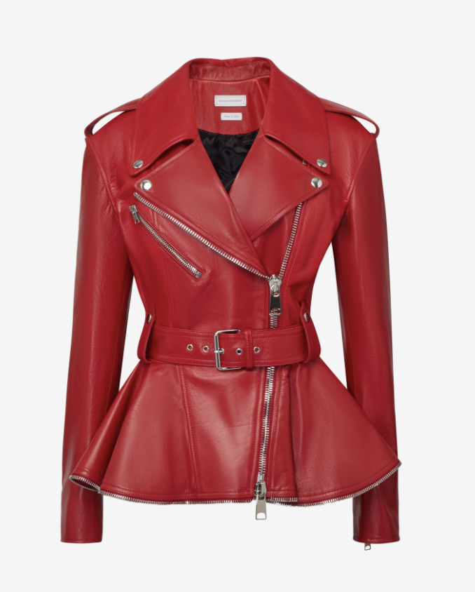 Alexander McQueen Women's Zip Peplum Biker Jacket in Welsh Red